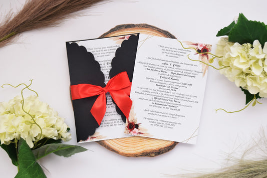 Invitație Nunta handmade cu plic negru si fundita - N69
