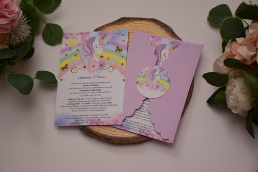 Invitație Botez personalizată - Tema Unicorn- Model B142