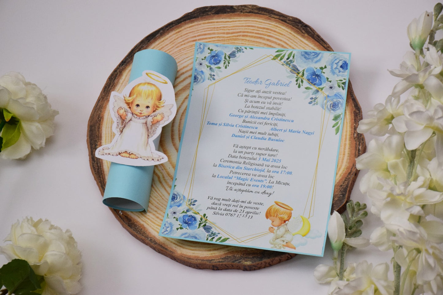 Invitație Botez rulata tema Îngeraș - Model B40
