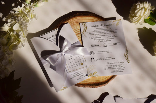 Invitatie Nunta cu plic, fundită si calendar - Model N89