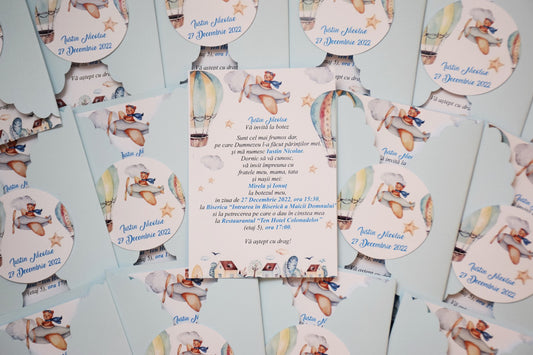 Invitatie Botez cu Plic si Fundita, tema Ursulet - Model B109