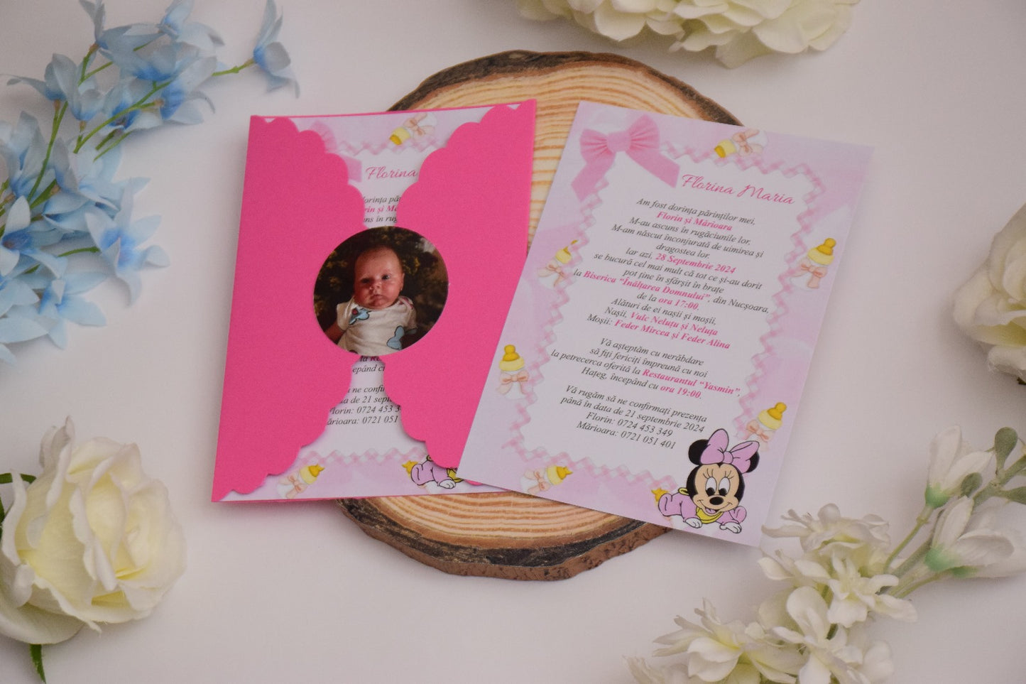 Invitatie Botez cu Plic si Fundita, tema Minnie - Model B102