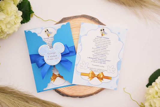 Invitatie Botez cu Plic si Fundita, tema Mickey - Model B116