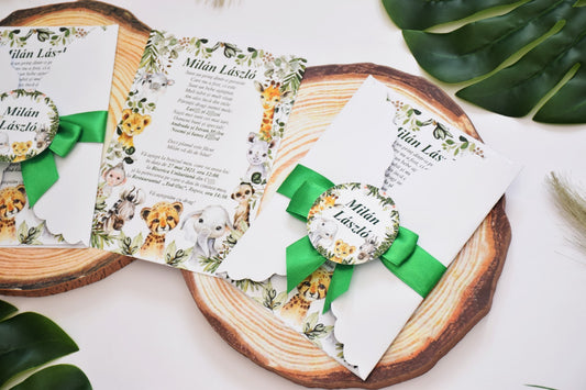 Invitatie Botez cu Plic si Fundita, tema Jungla - Model B111