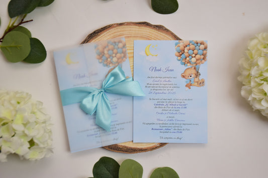 Invitatie Botez cu Plic si Fundita, tema Ursulet - Model B138
