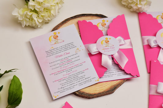 Invitatie Botez cu Plic si Fundita, tema Ingeras - Model B127