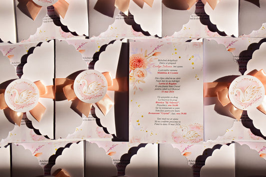 Invitatie Botez cu Plic si Fundita, tema Lebada - Model B128