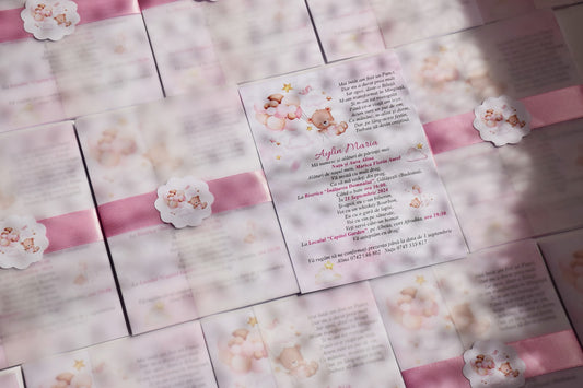 Invitatie Botez cu Plic si Fundita, tema Ursulet - Model B140