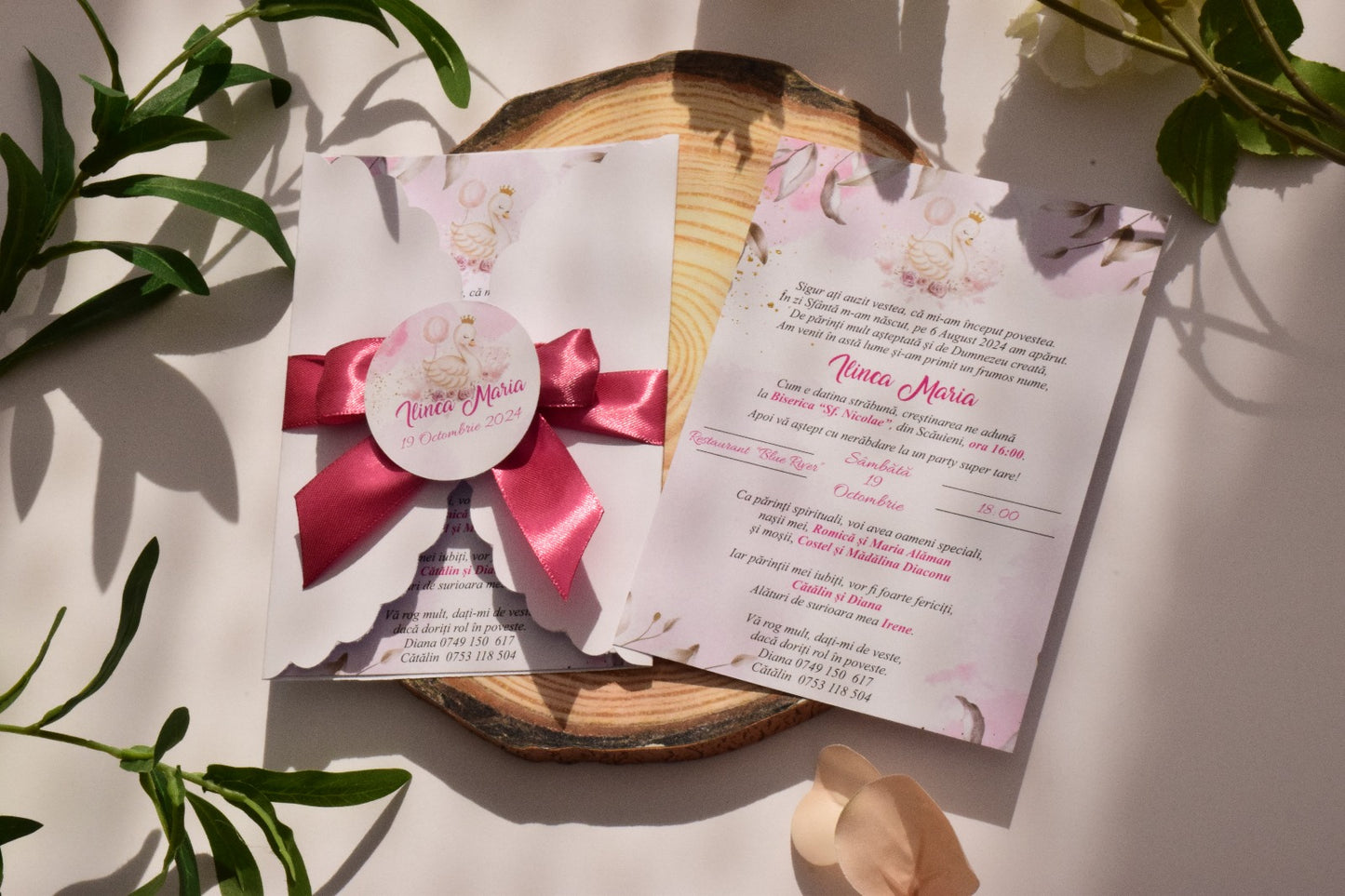 Invitatie Botez cu Plic si Fundita, tema Lebada- Model B126