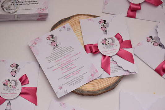 Invitatie Botez cu Plic si Fundita, tema Minnie - Model B132