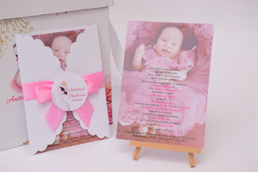 Invitatie Botez cu Plic si Fundita, tema Lebada - Model B120