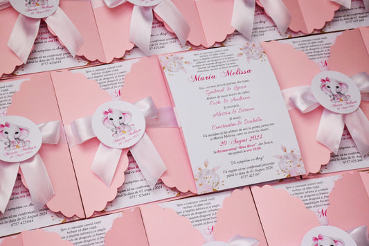 Invitatie Botez cu Plic si Fundita, tema Elefant - Model B133