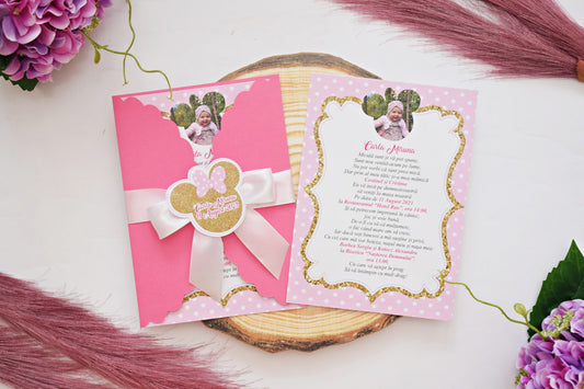 Invitatie Botez cu Plic si Fundita, tema Minnie - Model B131