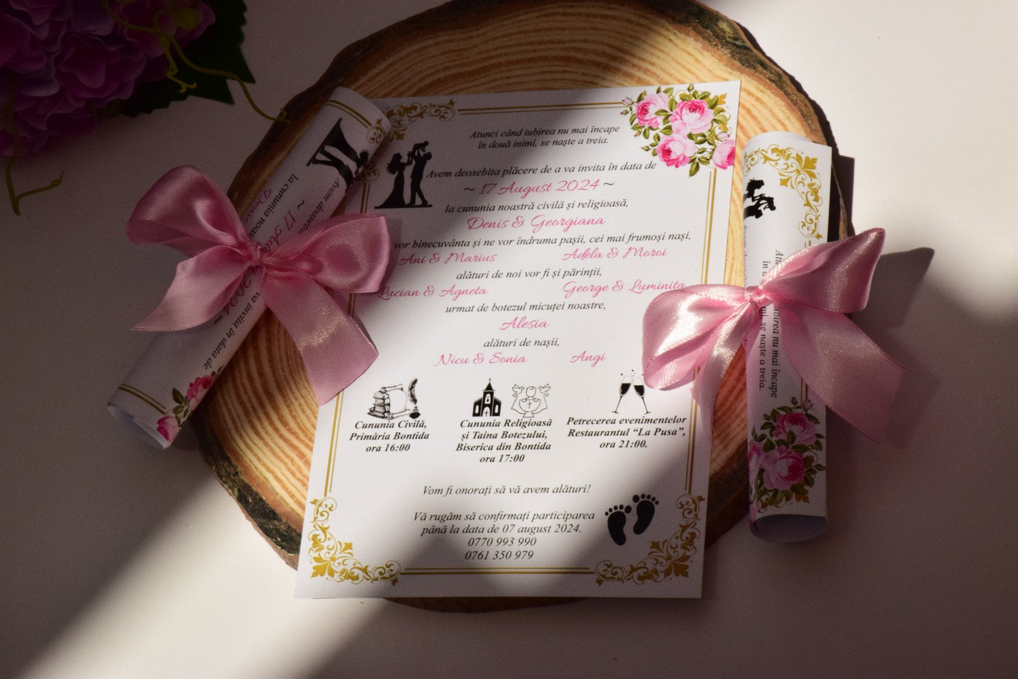 Invitație Nunta si Botez rulata cu Fundiță - NB51
