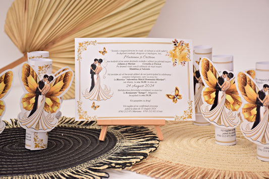 Invitatie Nunta handmade personalizata cu Fluture auriu- Model N22