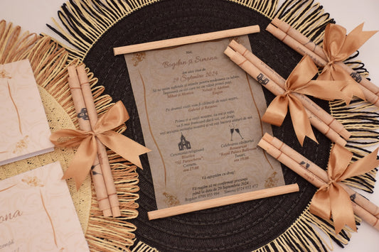 Invitatie Nunta pe calc si rulata pe betisoare - Model N55