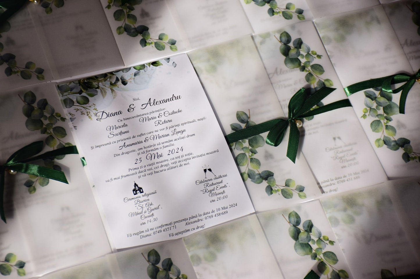 Invitatie Nunta handmade cu plic, fundita si perla - Model N56