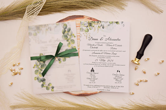 Invitatie Nunta handmade cu plic, fundita si perla - Model N56