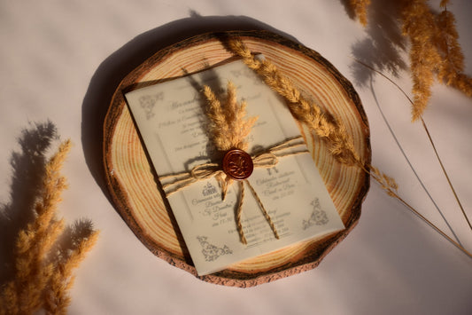 Invitație Nuntă Elegantă – Sigiliu de Ceară & Floare Naturală N113