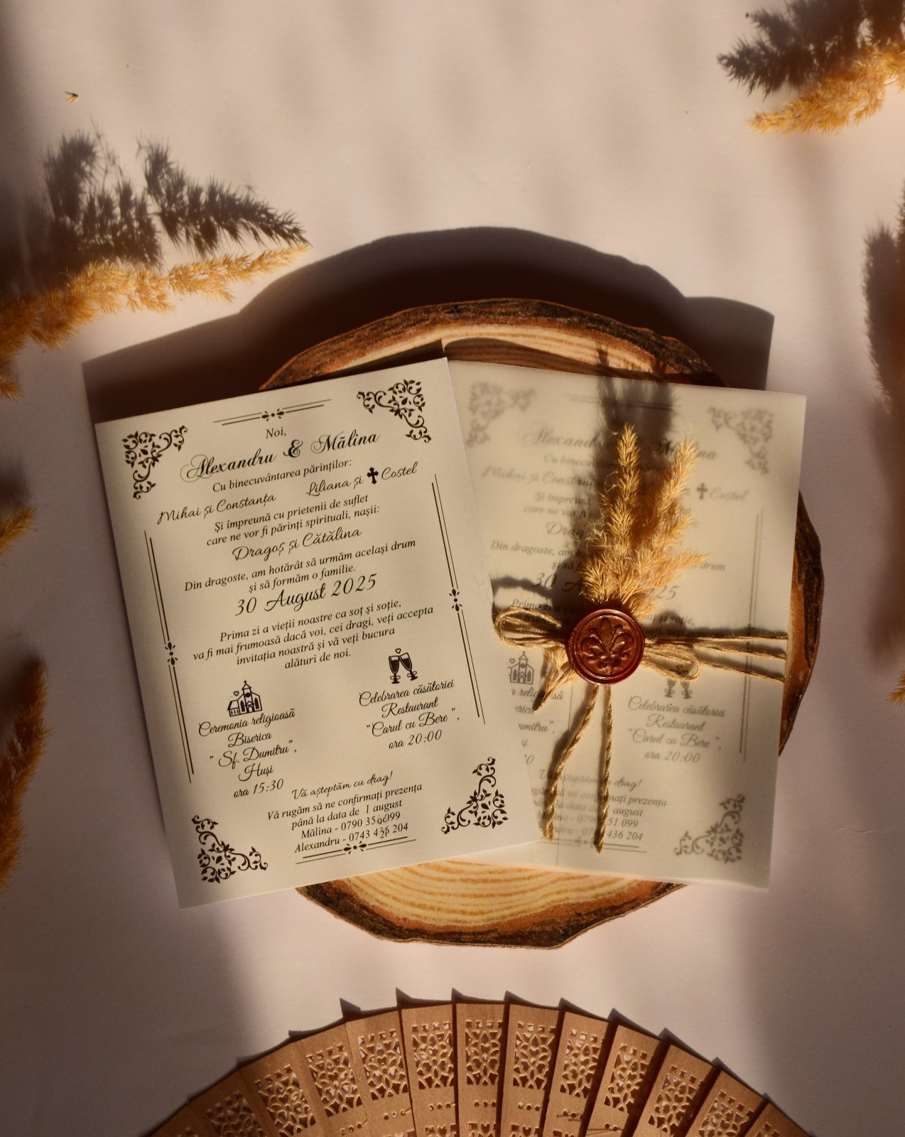 Invitație Nuntă Elegantă – Sigiliu de Ceară & Floare Naturală N113