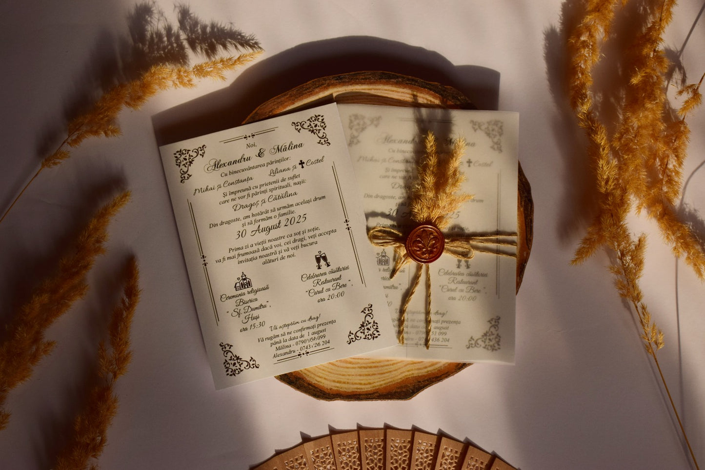 Invitație Nuntă Elegantă – Sigiliu de Ceară & Floare Naturală N113