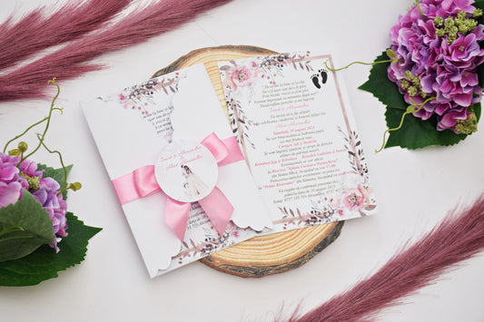 Invitatie Nunta si Botez cu plic si fundita NB91