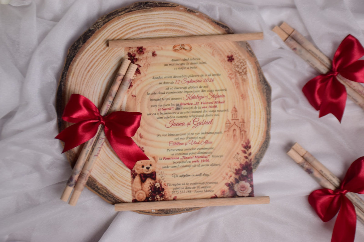 Invitatie Nunta si Botez rulata pe betisoare de lemn cu fundita - Model NB99