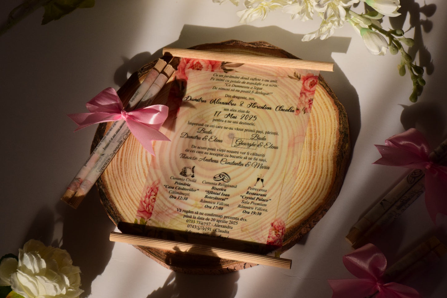 Invitatie Nunta rulata pe betisoare de lemn cu fundita - Model N262