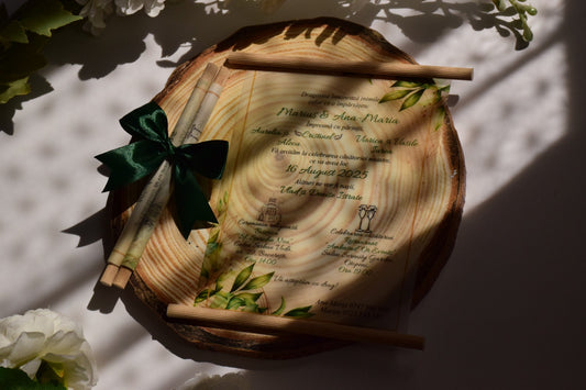 Invitatie Nunta rulata pe betisoare de lemn cu fundita - Model N263