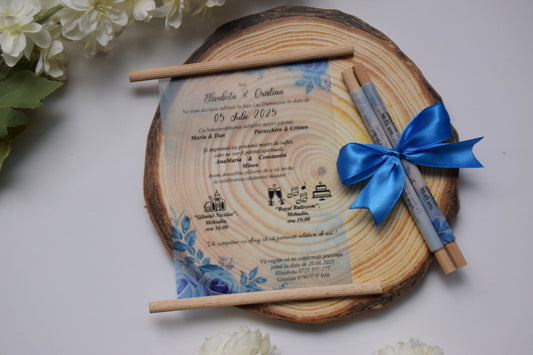 Invitatie Nunta rulata pe betisoare de lemn cu fundita - Model N264