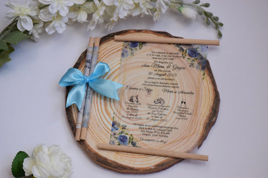 Invitatie Nunta rulata pe betisoare de lemn cu fundita - Model N265