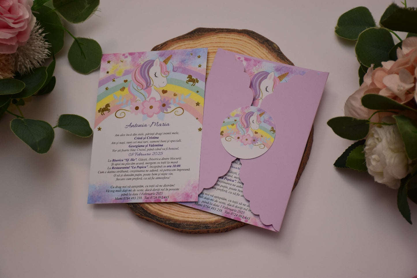 Invitație Botez personalizată - Tema Unicorn- Model B142