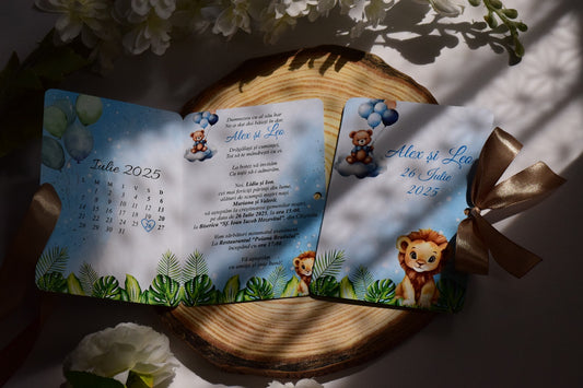 Invitație Botez Gemeni, tema Ursuleț si Leu- Model B81