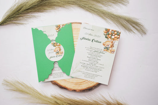 Invitatie Botez cu Plic si Fundita, tema Ursulet  - Model B96