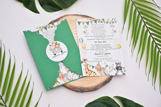 Invitatie Botez cu Plic si Fundita, tema Jungla - Model B105
