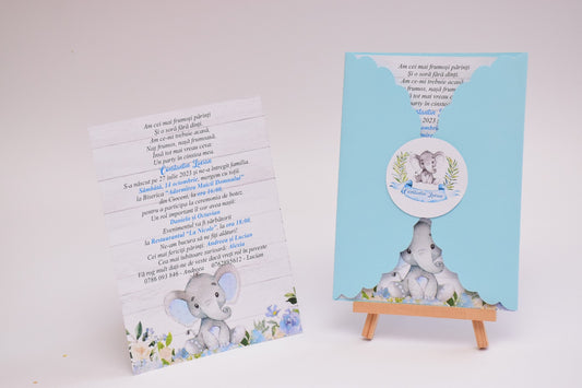 Invitatie Botez cu Plic si Fundita, tema Elefant - Model B97
