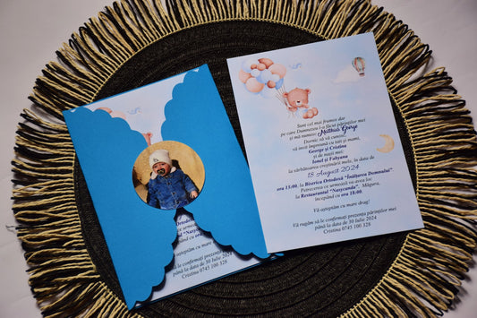 Invitatie Botez cu Plic si Fundita, tema Ursulet - Model B101