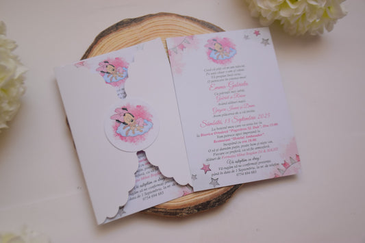 Invitatie Botez cu Plic si Fundita, tema Minnie - Model B100
