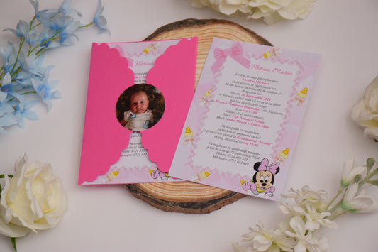 Invitatie Botez cu Plic si Fundita, tema Minnie - Model B102