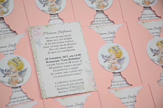Invitatie Botez cu Plic si Fundita, tema Ingeras - Model B104