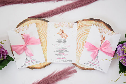 Invitatie Botez cu Plic si Fundita, tema Ursulet - Model B108