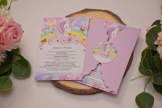 Invitatie Botez cu Plic si Fundita, tema Unicorn - Model B106