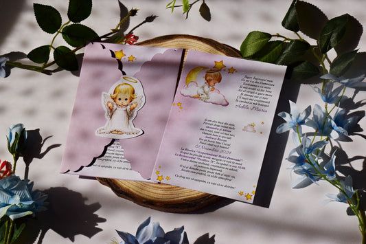 Invitatie Botez cu Plic si Fundita, tema Ingeras - Model B99
