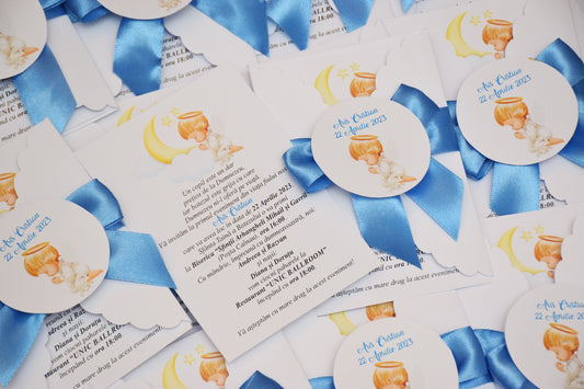Invitatie Botez cu Plic si Fundita, tema Ingeras - Model B112