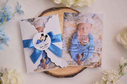 Invitatie Botez cu Plic si Fundita, tema Mickey - Model B113