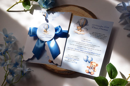 Invitatie Botez cu Plic si Fundita, tema Ursulet - Model B114