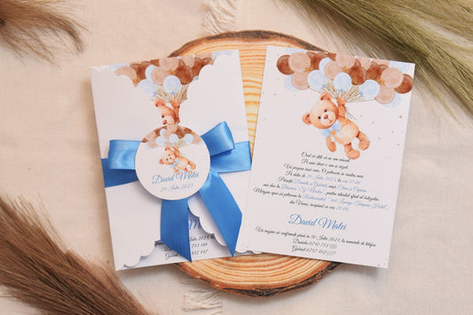 Invitatie Botez cu Plic si Fundita, tema Ursulet - Model B115