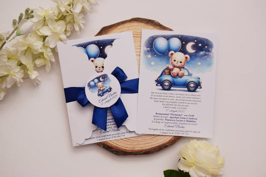 Invitatie Botez cu Plic si Fundita, tema Ursuleț - Model B117