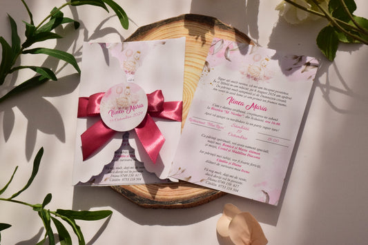Invitatie Botez cu Plic si Fundita, tema Lebada- Model B126