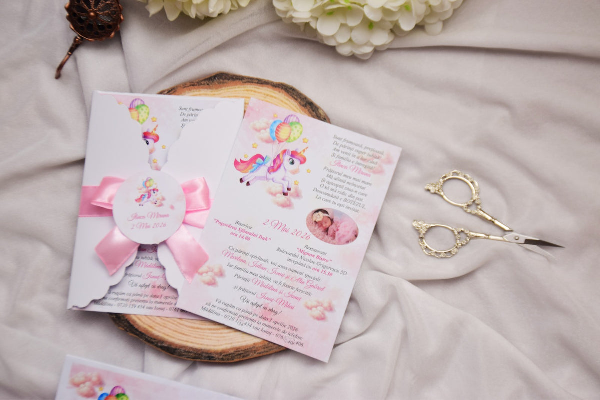 Invitație Botez personalizată - Tema Unicorn- Model B142